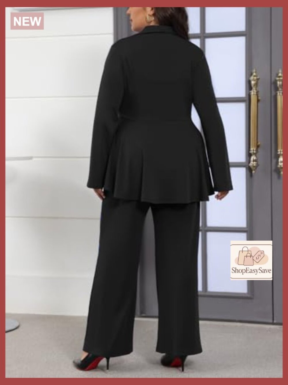 Two Piece Long Sleeve Zip Up Peplum Jacket Wide Leg Pant Suit Set Dressy - Picture 5 of 7